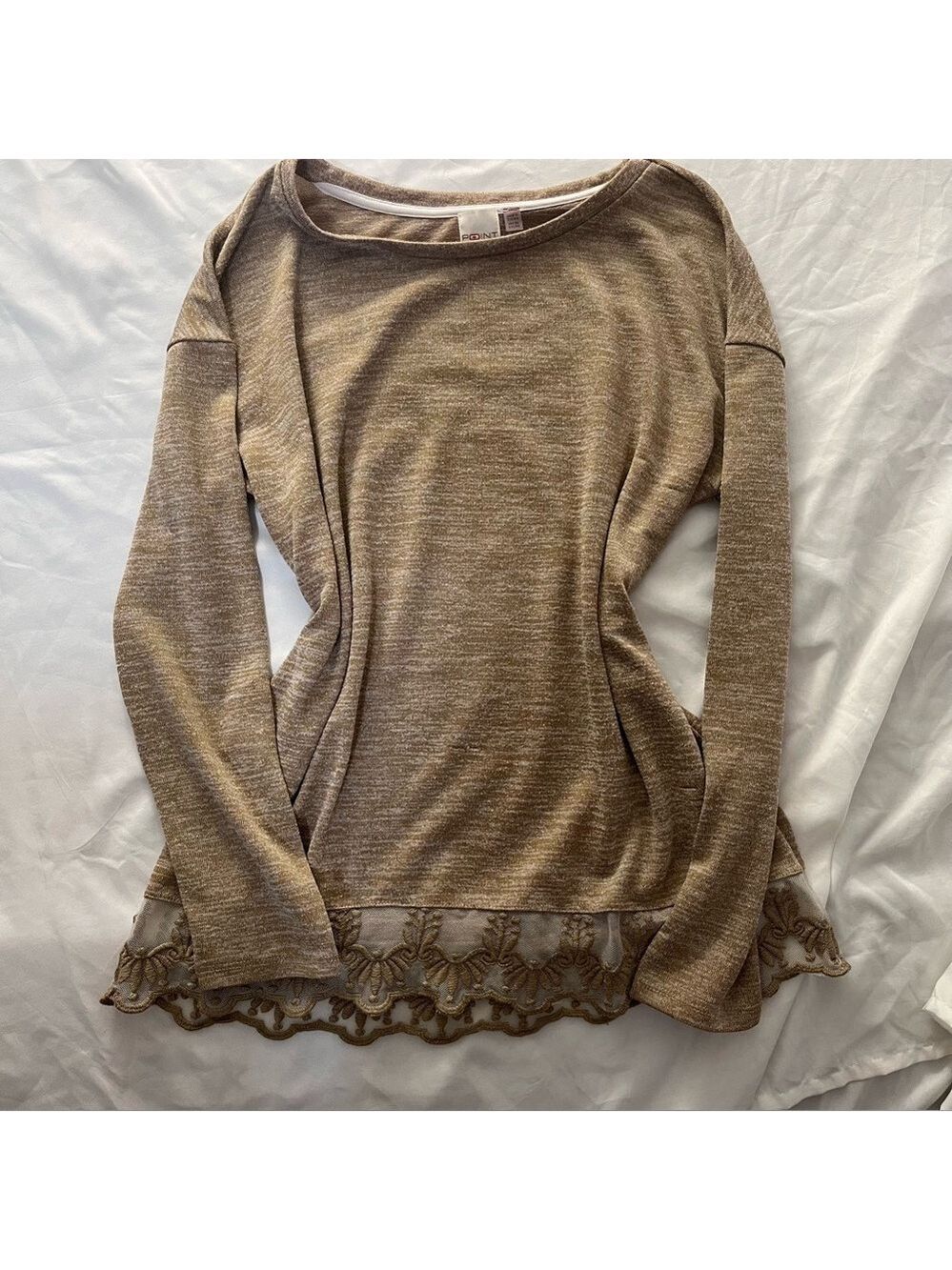 Point Zero Lace Trim Tunic Top | Slouchy Heathered Knit Sweater | Large